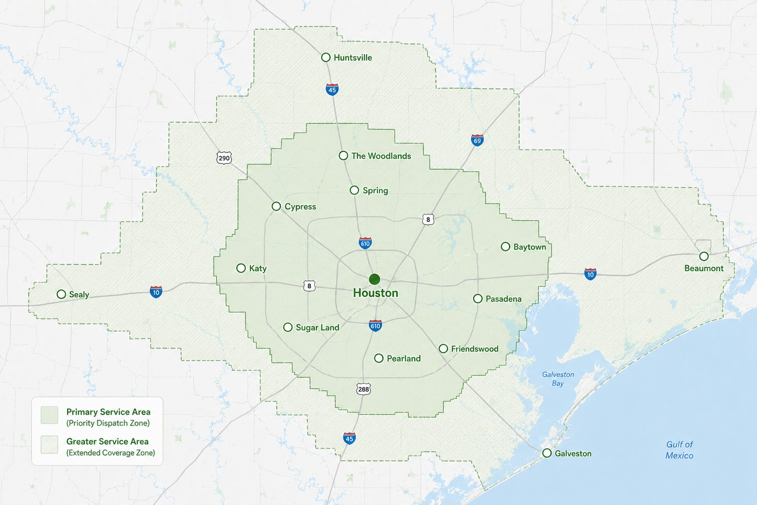 Greater Houston dispatch coverage map — Houston and surrounding service cities